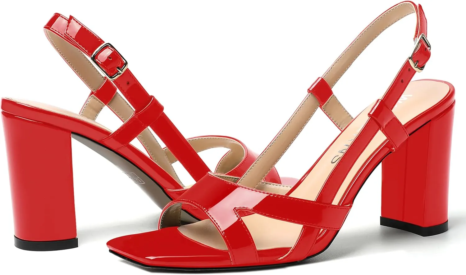 WAYDERNS Womens Patent Dating Slingback Open Toe Casual Buckle Ankle Strap Solid Block High Heel Sandals 3.3 Inch