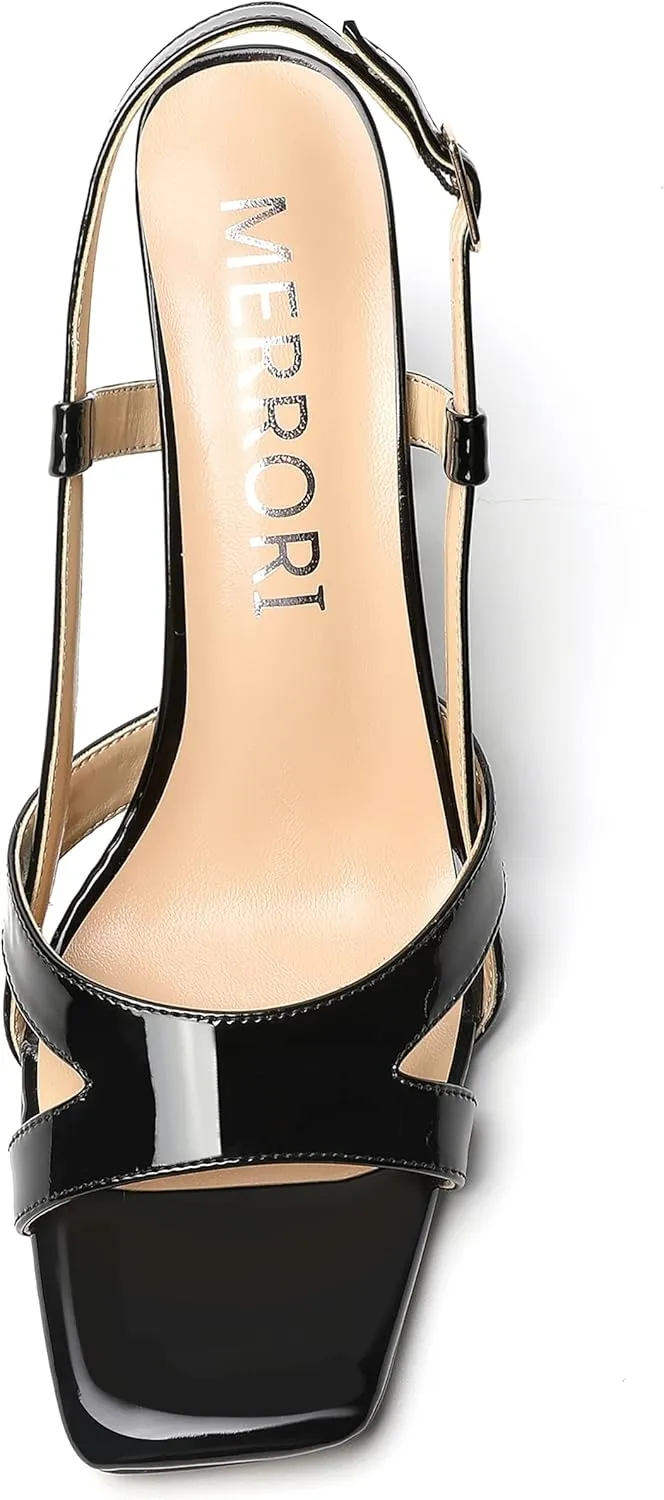 WAYDERNS Womens Patent Dating Slingback Open Toe Casual Buckle Ankle Strap Solid Block High Heel Sandals 3.3 Inch