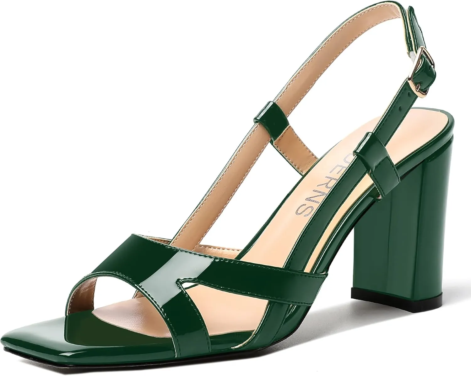 WAYDERNS Womens Patent Dating Slingback Open Toe Casual Buckle Ankle Strap Solid Block High Heel Sandals 3.3 Inch