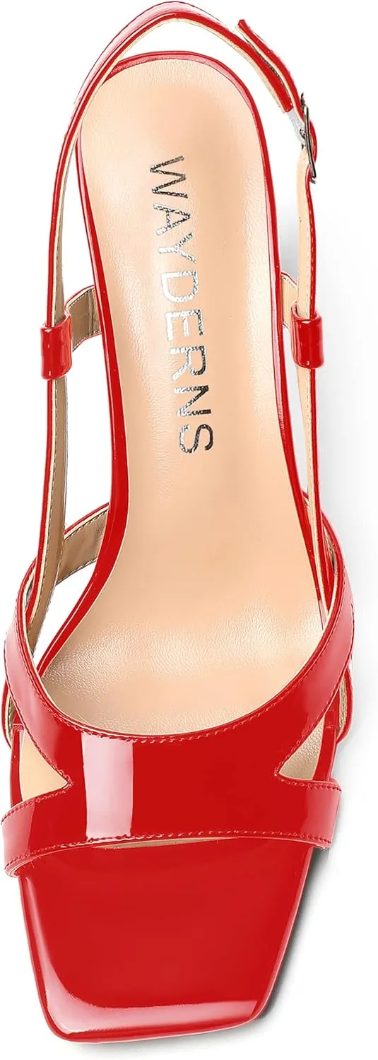 WAYDERNS Womens Patent Dating Slingback Open Toe Casual Buckle Ankle Strap Solid Block High Heel Sandals 3.3 Inch