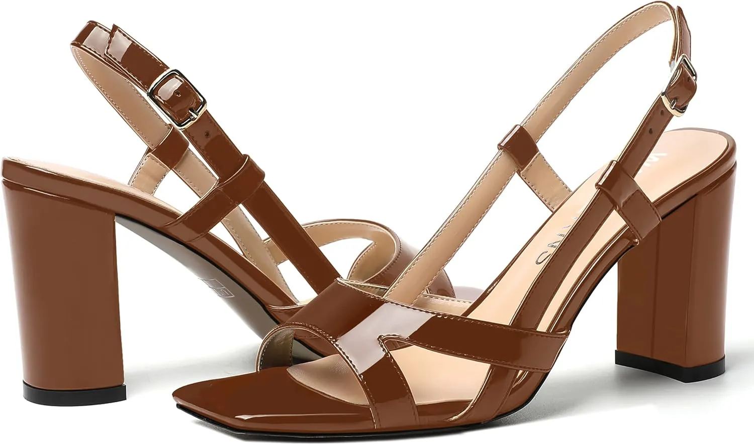 WAYDERNS Womens Patent Dating Slingback Open Toe Casual Buckle Ankle Strap Solid Block High Heel Sandals 3.3 Inch