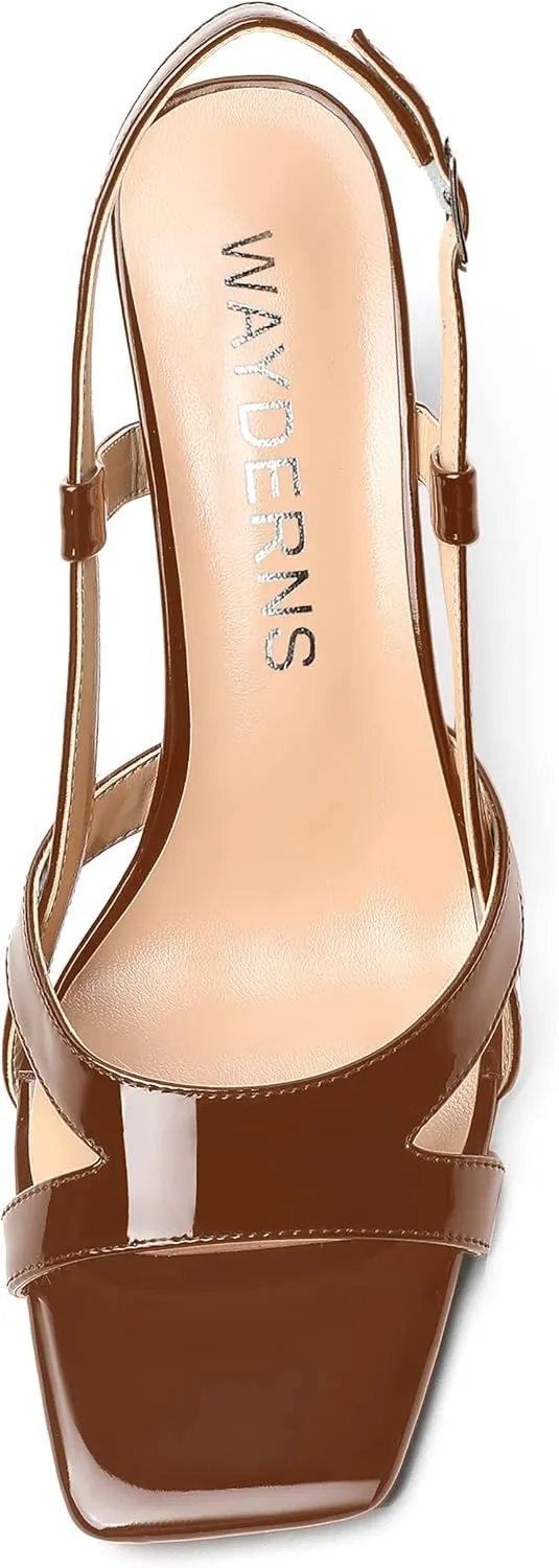 WAYDERNS Womens Patent Dating Slingback Open Toe Casual Buckle Ankle Strap Solid Block High Heel Sandals 3.3 Inch