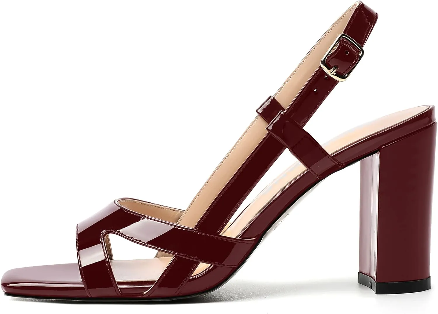 WAYDERNS Womens Patent Dating Slingback Open Toe Casual Buckle Ankle Strap Solid Block High Heel Sandals 3.3 Inch