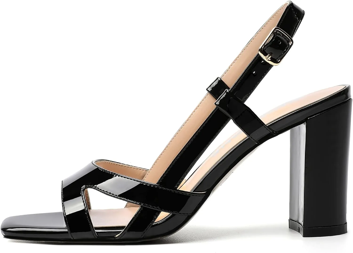 WAYDERNS Womens Patent Dating Slingback Open Toe Casual Buckle Ankle Strap Solid Block High Heel Sandals 3.3 Inch