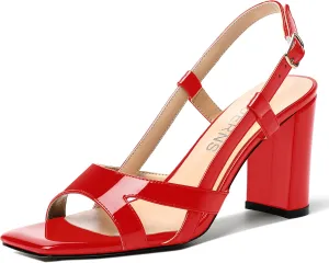 WAYDERNS Womens Patent Dating Slingback Open Toe Casual Buckle Ankle Strap Solid Block High Heel Sandals 3.3 Inch