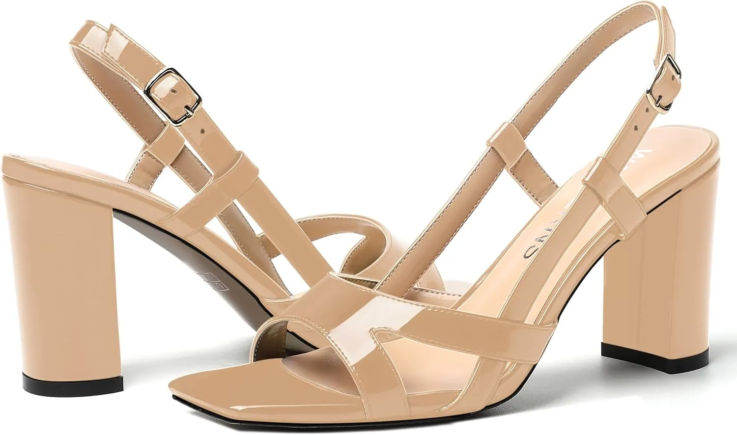 WAYDERNS Womens Patent Dating Slingback Open Toe Casual Buckle Ankle Strap Solid Block High Heel Sandals 3.3 Inch