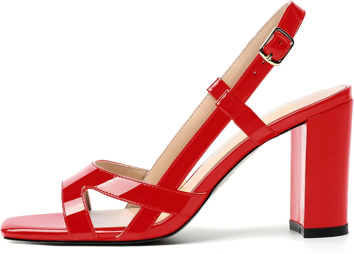 WAYDERNS Womens Patent Dating Slingback Open Toe Casual Buckle Ankle Strap Solid Block High Heel Sandals 3.3 Inch