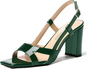 WAYDERNS Womens Patent Dating Slingback Open Toe Casual Buckle Ankle Strap Solid Block High Heel Sandals 3.3 Inch