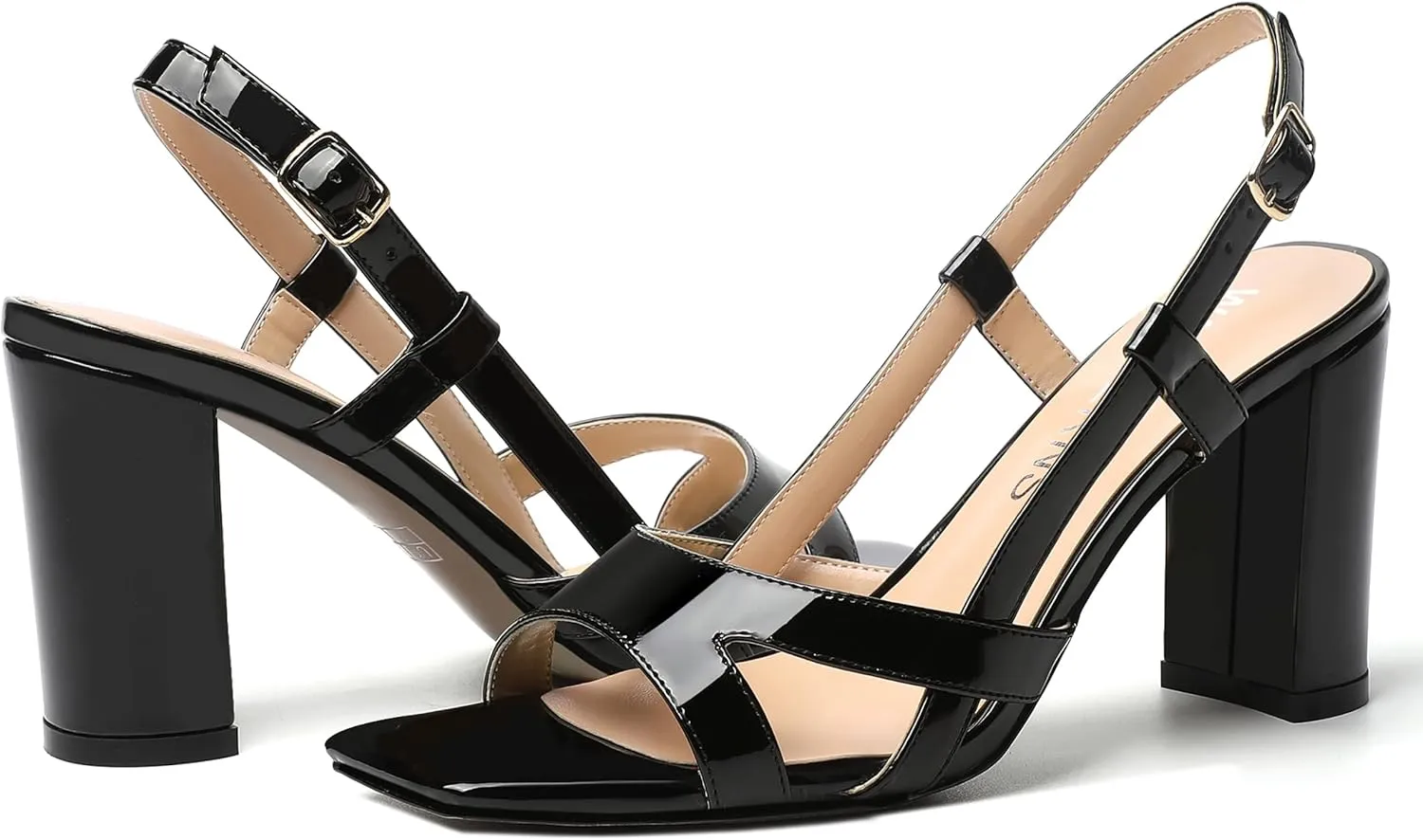 WAYDERNS Womens Patent Dating Slingback Open Toe Casual Buckle Ankle Strap Solid Block High Heel Sandals 3.3 Inch