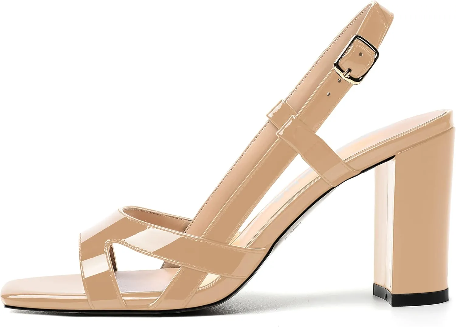 WAYDERNS Womens Patent Dating Slingback Open Toe Casual Buckle Ankle Strap Solid Block High Heel Sandals 3.3 Inch