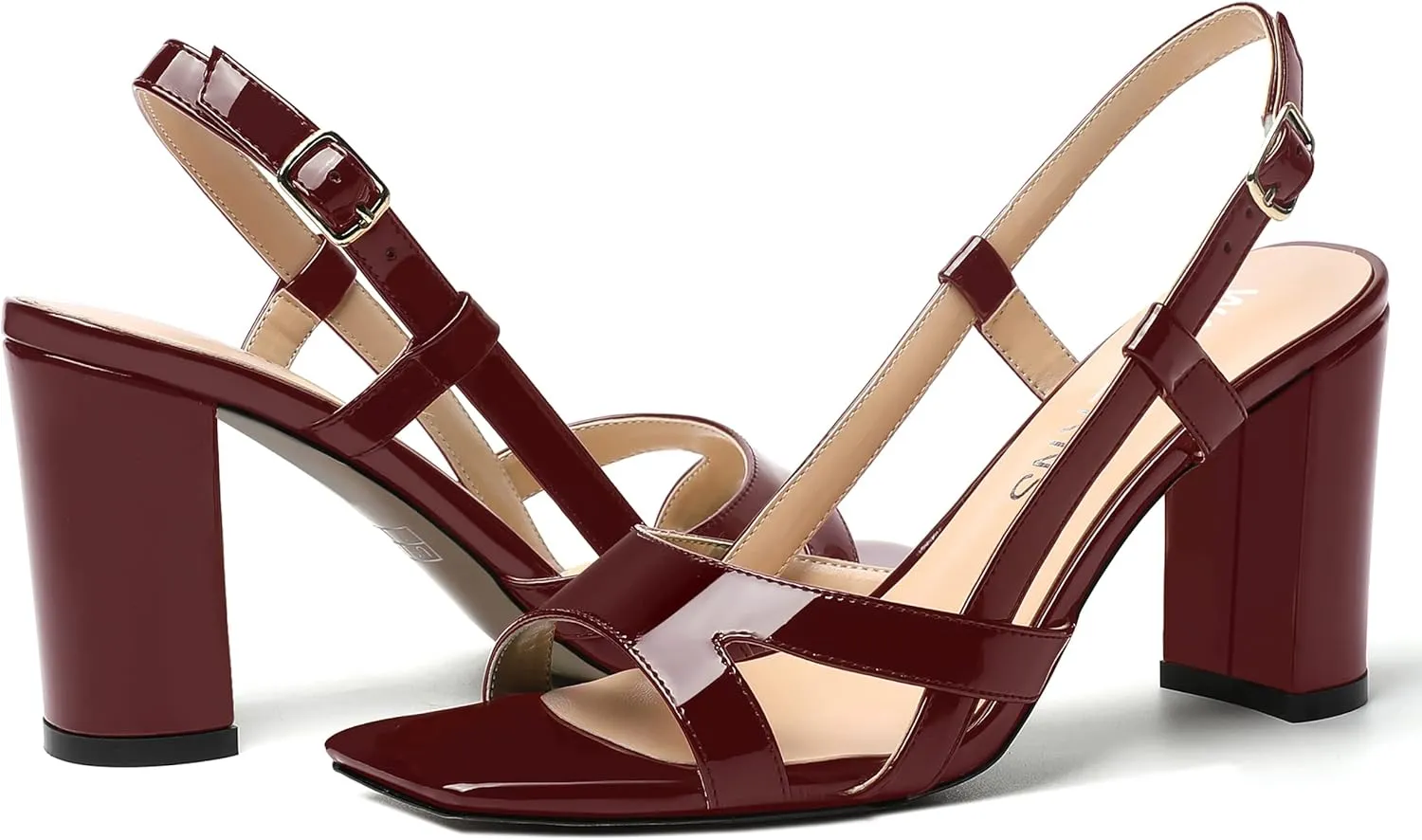 WAYDERNS Womens Patent Dating Slingback Open Toe Casual Buckle Ankle Strap Solid Block High Heel Sandals 3.3 Inch