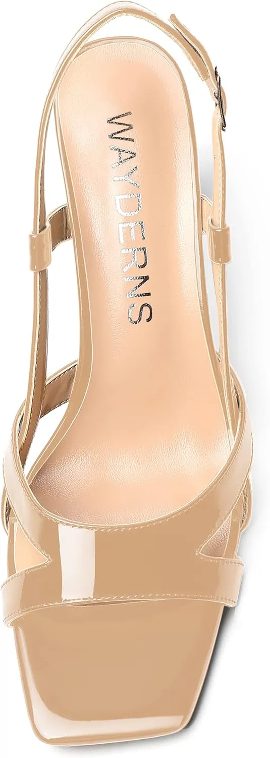 WAYDERNS Womens Patent Dating Slingback Open Toe Casual Buckle Ankle Strap Solid Block High Heel Sandals 3.3 Inch