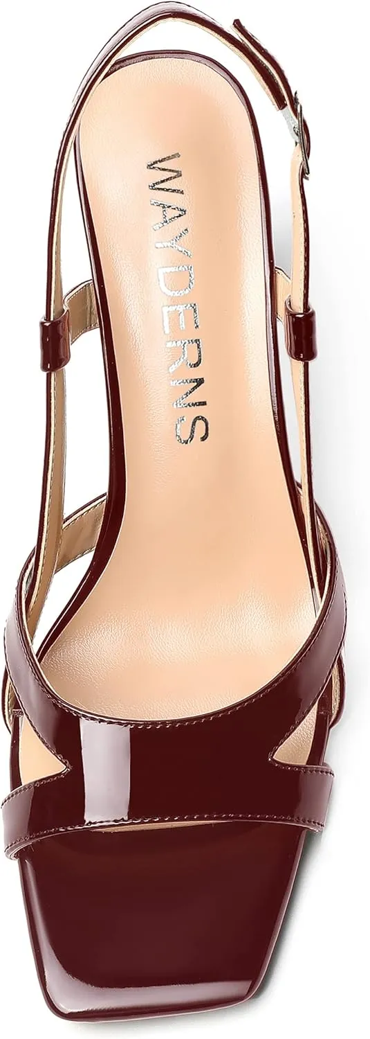 WAYDERNS Womens Patent Dating Slingback Open Toe Casual Buckle Ankle Strap Solid Block High Heel Sandals 3.3 Inch