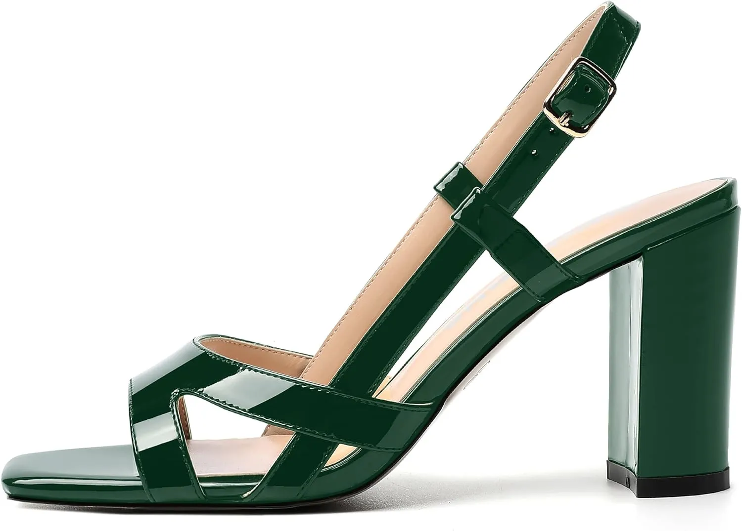 WAYDERNS Womens Patent Dating Slingback Open Toe Casual Buckle Ankle Strap Solid Block High Heel Sandals 3.3 Inch