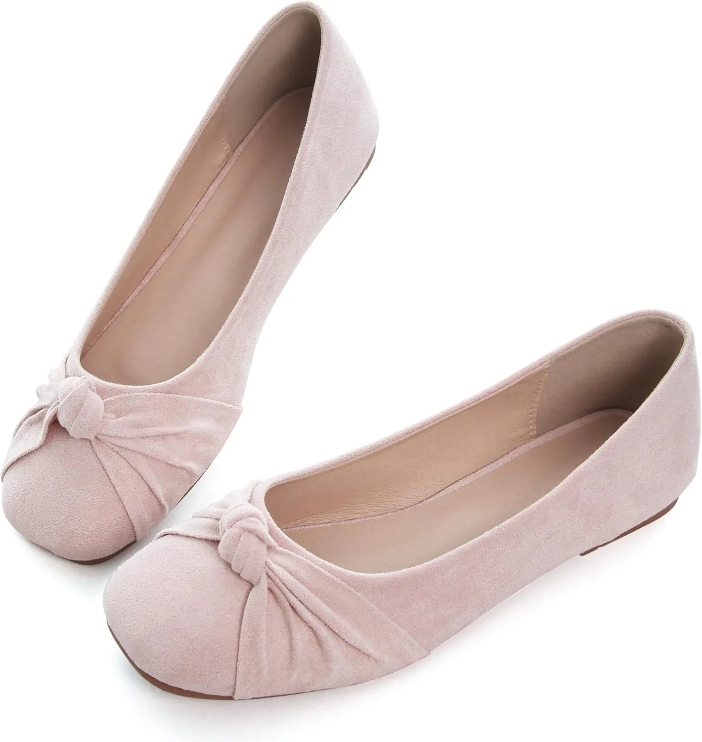 WENJIAZHIZHI Pleated Bowknot Ballet Flats Shoes for Women Suede Dressy Shoes Comfortable Square Toe Slip On Walking Loafers Flats