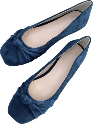 WENJIAZHIZHI Pleated Bowknot Ballet Flats Shoes for Women Suede Dressy Shoes Comfortable Square Toe Slip On Walking Loafers Flats