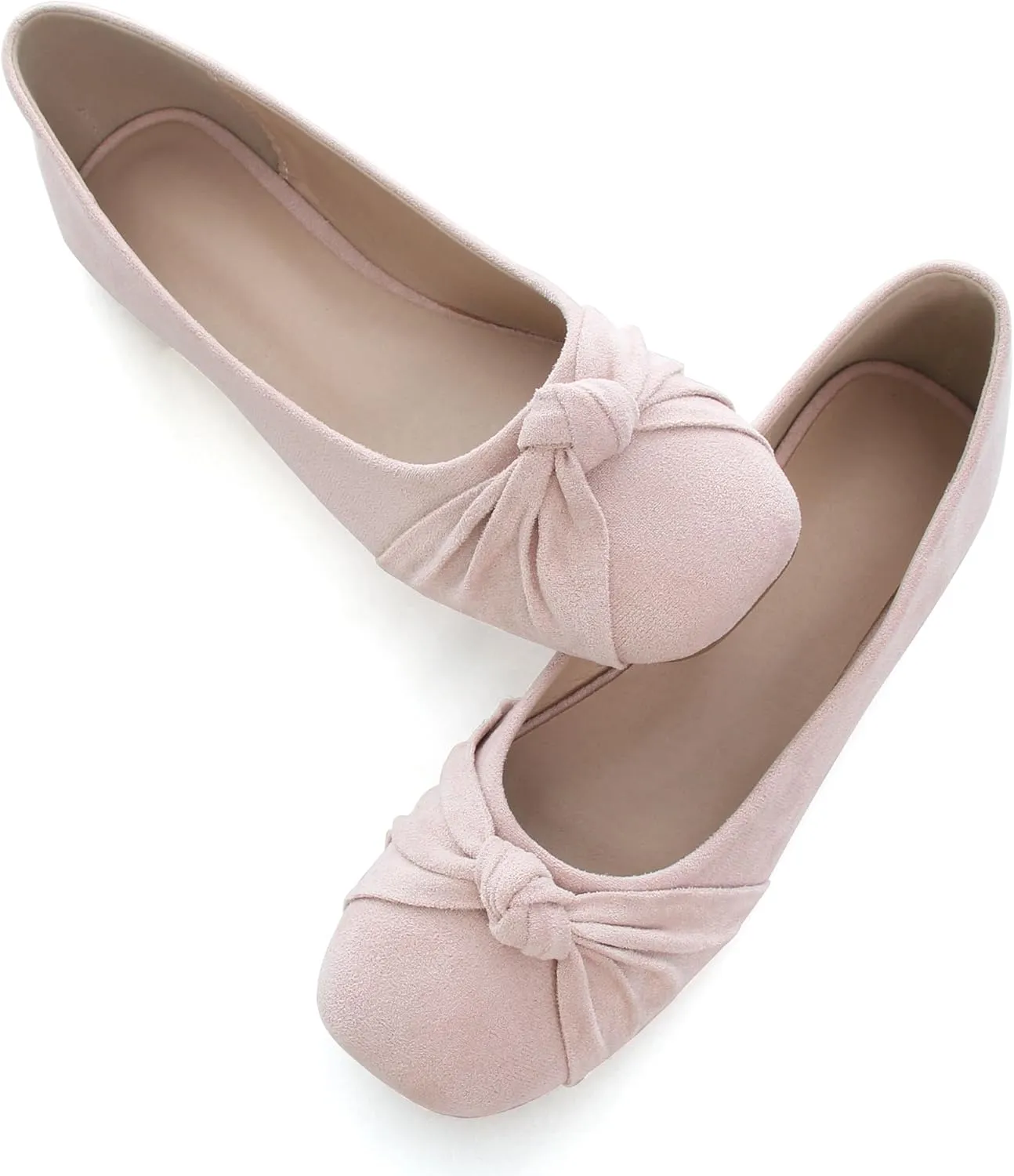 WENJIAZHIZHI Pleated Bowknot Ballet Flats Shoes for Women Suede Dressy Shoes Comfortable Square Toe Slip On Walking Loafers Flats