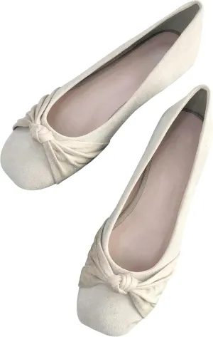 WENJIAZHIZHI Pleated Bowknot Ballet Flats Shoes for Women Suede Dressy Shoes Comfortable Square Toe Slip On Walking Loafers Flats