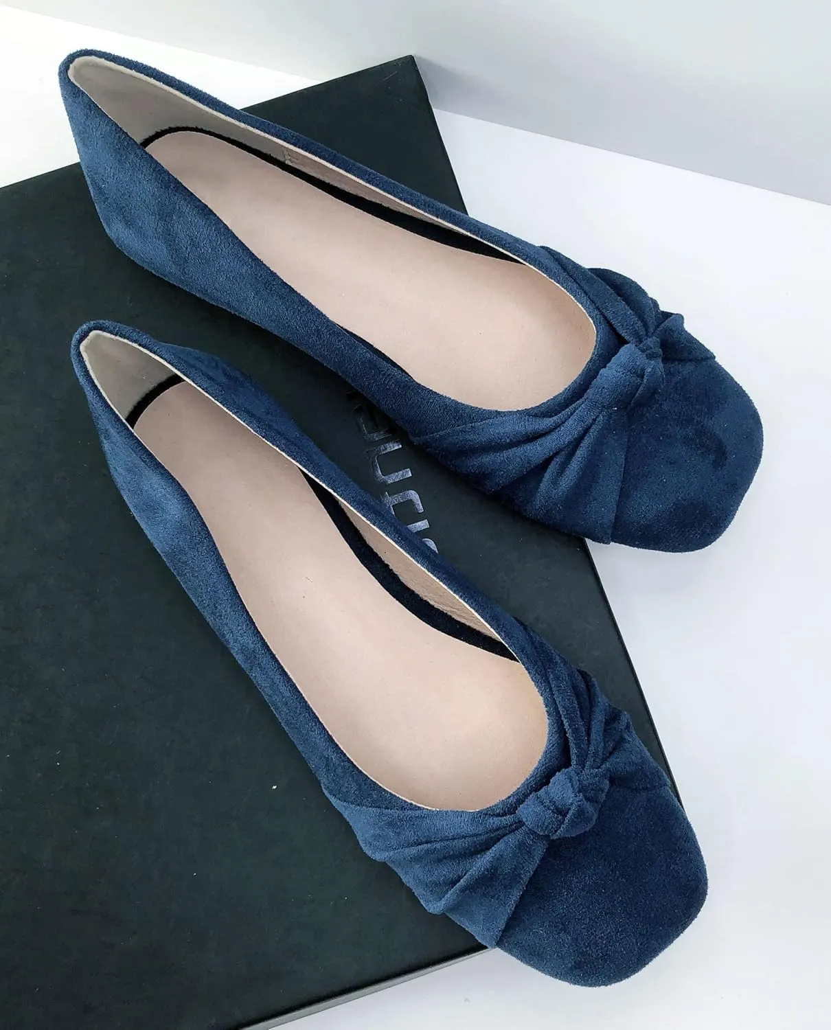 WENJIAZHIZHI Pleated Bowknot Ballet Flats Shoes for Women Suede Dressy Shoes Comfortable Square Toe Slip On Walking Loafers Flats