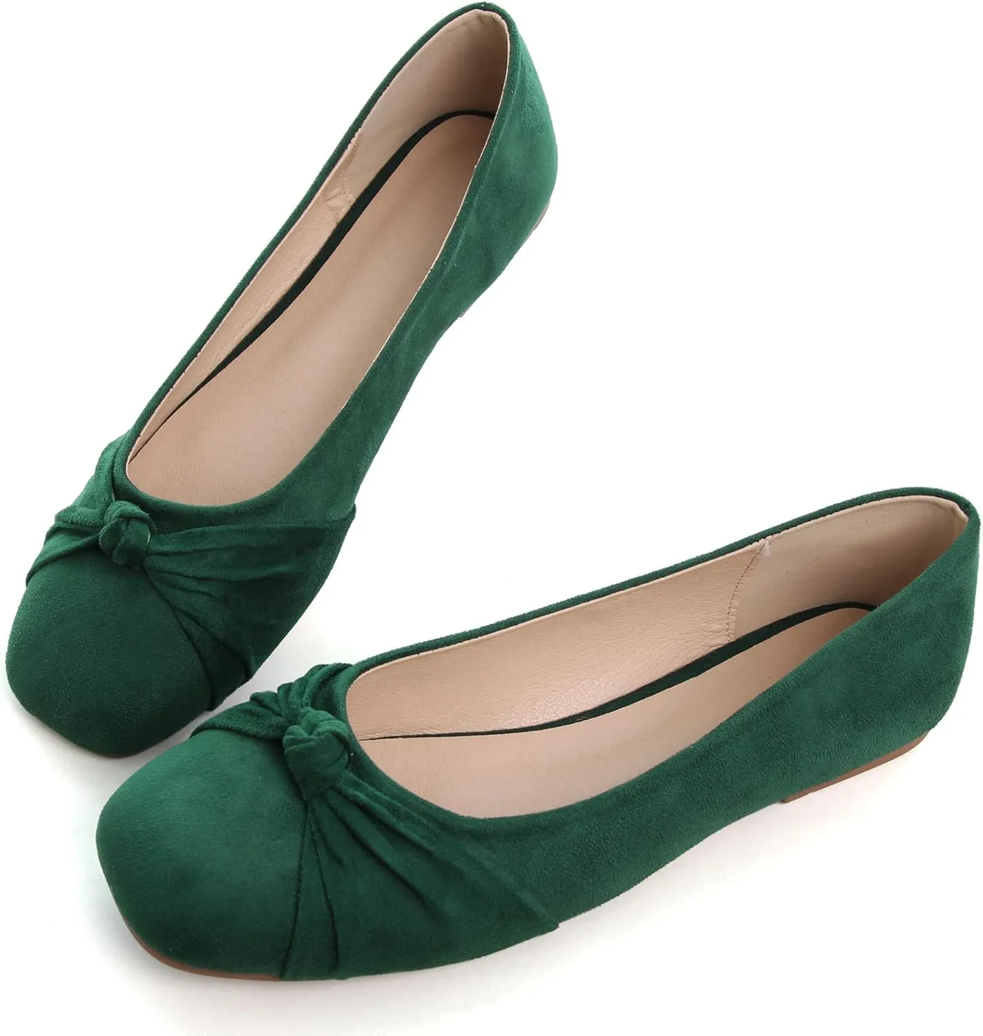 WENJIAZHIZHI Pleated Bowknot Ballet Flats Shoes for Women Suede Dressy Shoes Comfortable Square Toe Slip On Walking Loafers Flats