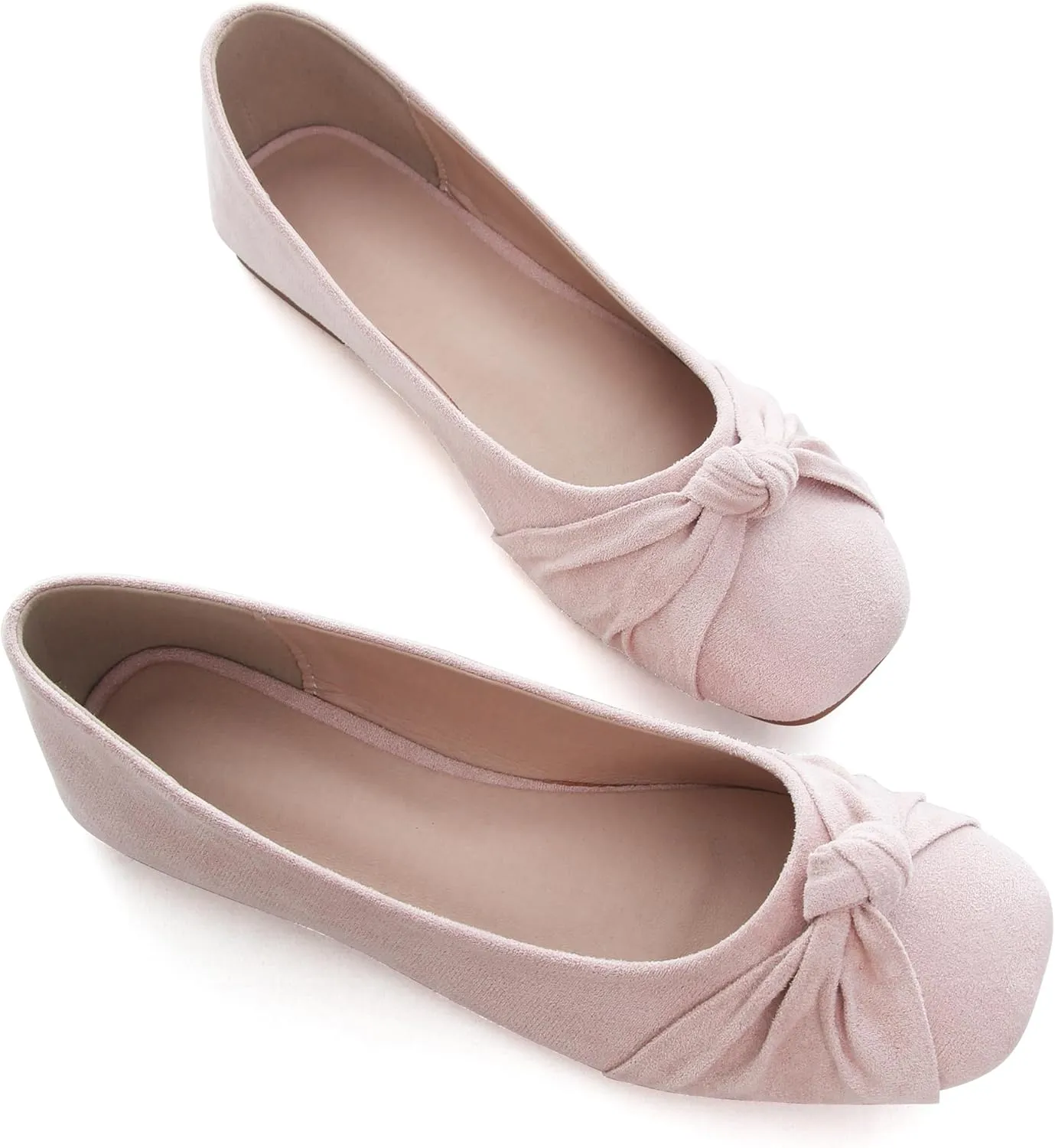 WENJIAZHIZHI Pleated Bowknot Ballet Flats Shoes for Women Suede Dressy Shoes Comfortable Square Toe Slip On Walking Loafers Flats