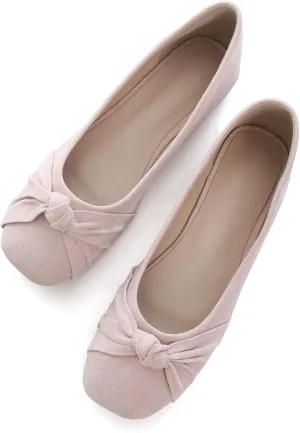 WENJIAZHIZHI Pleated Bowknot Ballet Flats Shoes for Women Suede Dressy Shoes Comfortable Square Toe Slip On Walking Loafers Flats