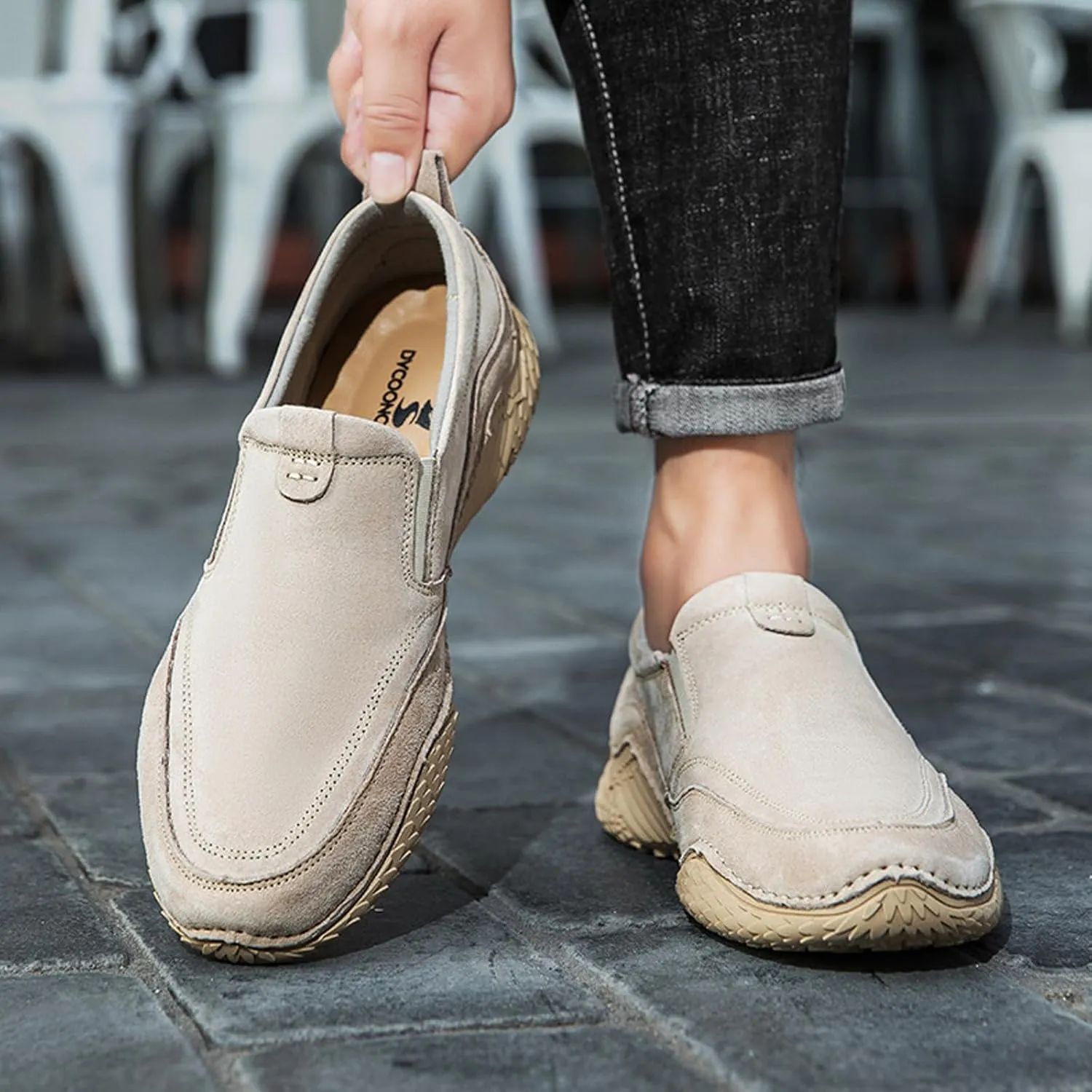WENOREG Men's Italian Handmade Suede Slip-On Chukka Boots,Outdoor Non Slip Low Top Side Elastic Bands Breathable Casual Flats Driving Sneakers Soft Penny Boat Shoes Beck Ankle Boots