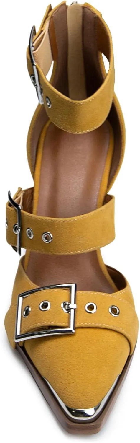 Western Sandals Wedges for Women Closed Pointed Toe Pumps Buckle Straps Comfortable Heels Wedding Dress Shoes
