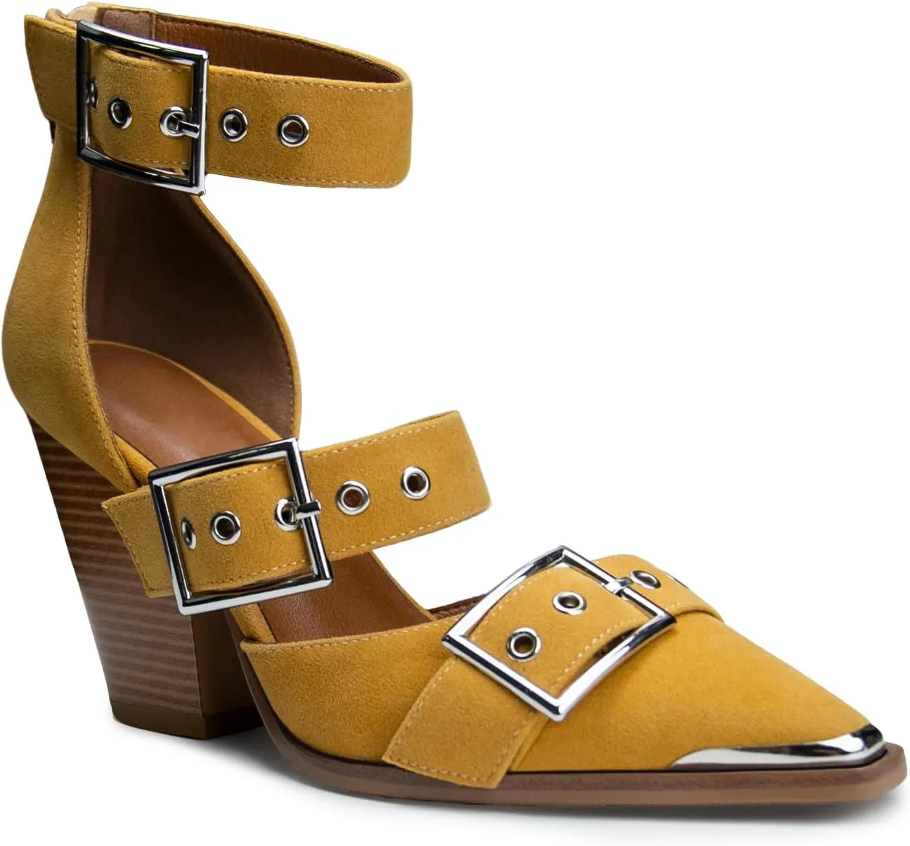Western Sandals Wedges for Women Closed Pointed Toe Pumps Buckle Straps Comfortable Heels Wedding Dress Shoes