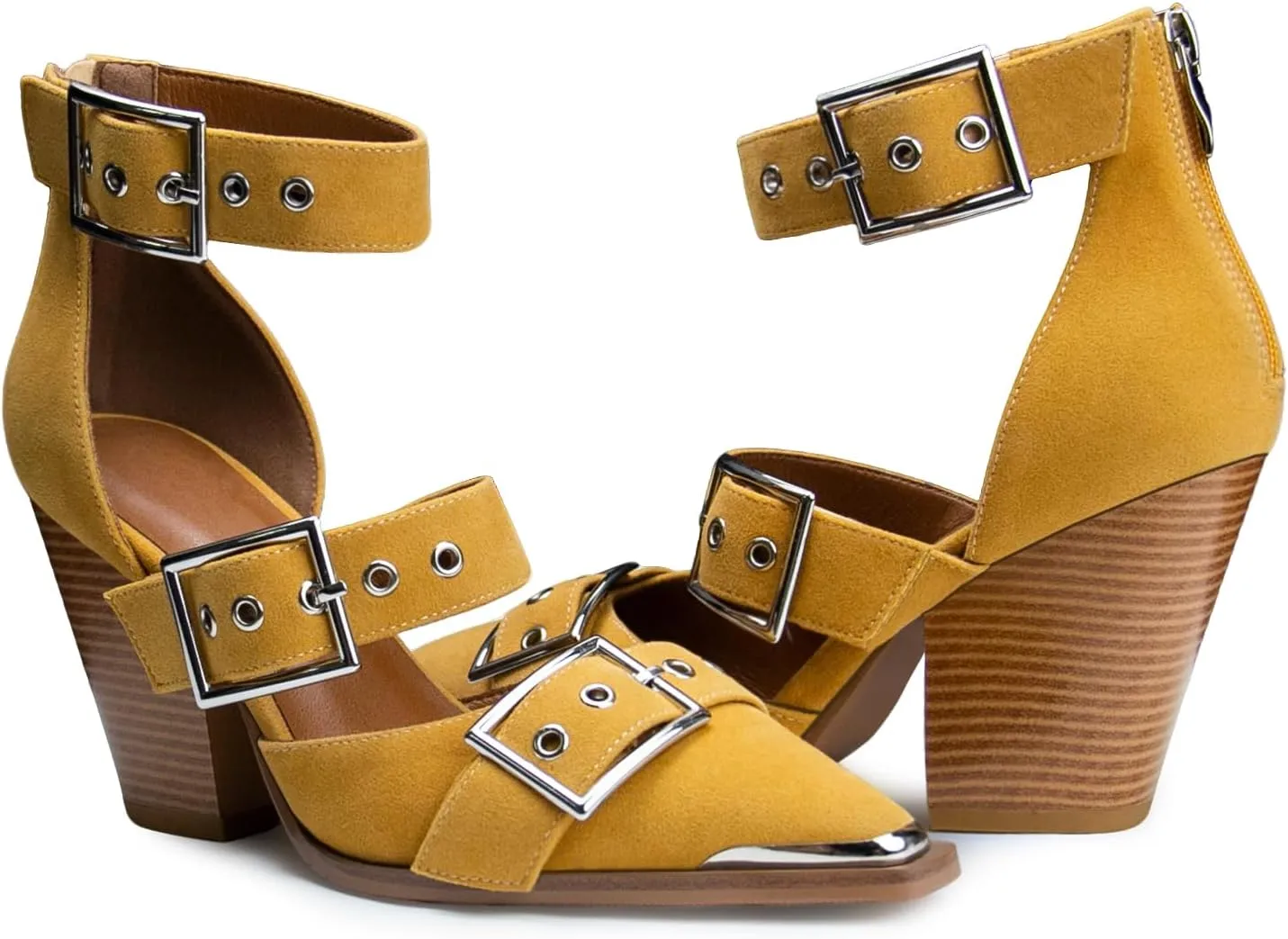 Western Sandals Wedges for Women Closed Pointed Toe Pumps Buckle Straps Comfortable Heels Wedding Dress Shoes