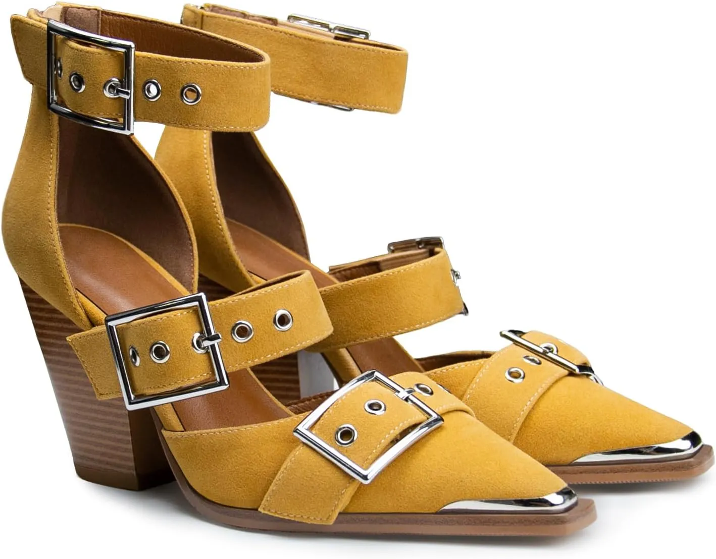 Western Sandals Wedges for Women Closed Pointed Toe Pumps Buckle Straps Comfortable Heels Wedding Dress Shoes