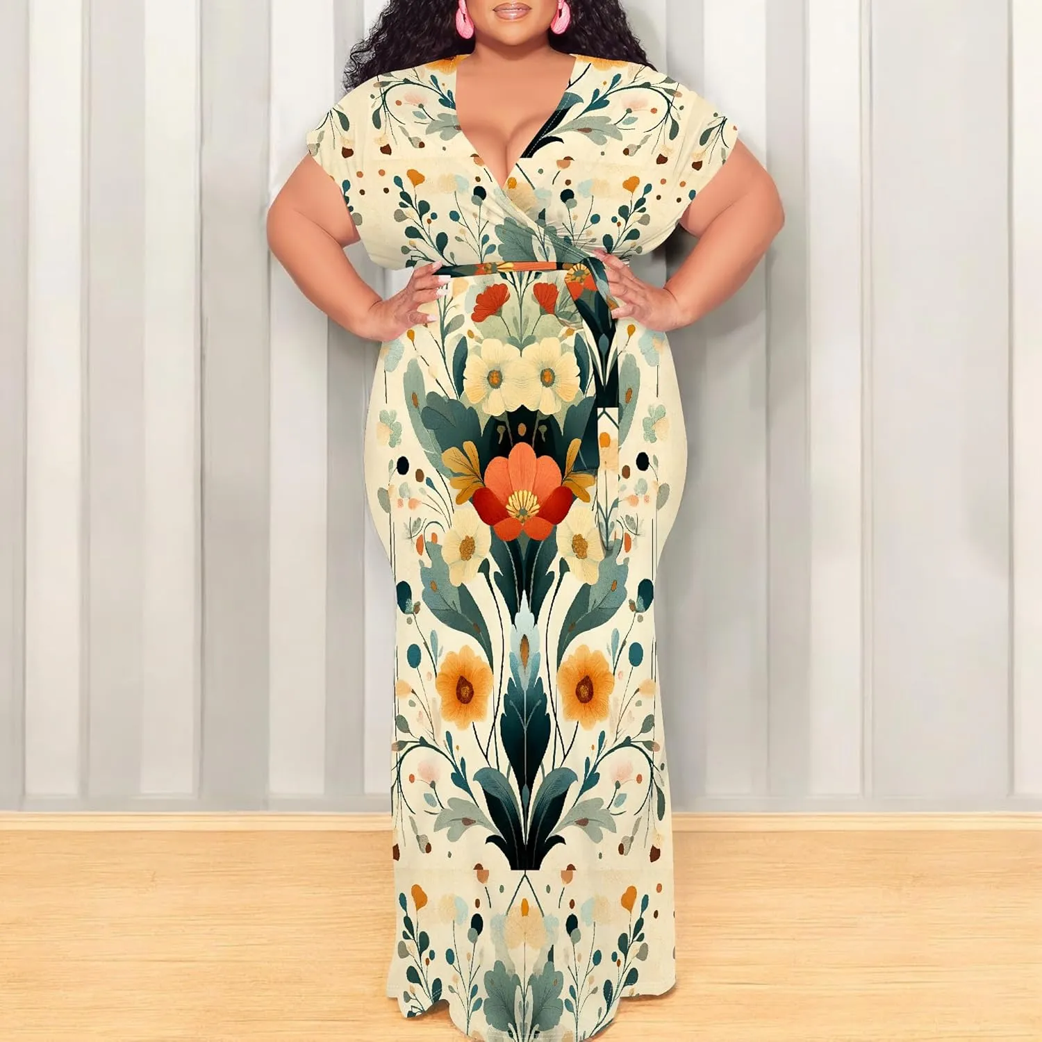 Women Casual Plus Size Sexy Bodycon Maxi Dress Elegant V Neck Short Sleeve Oversize Floral Print Mermaid Dresses Gown