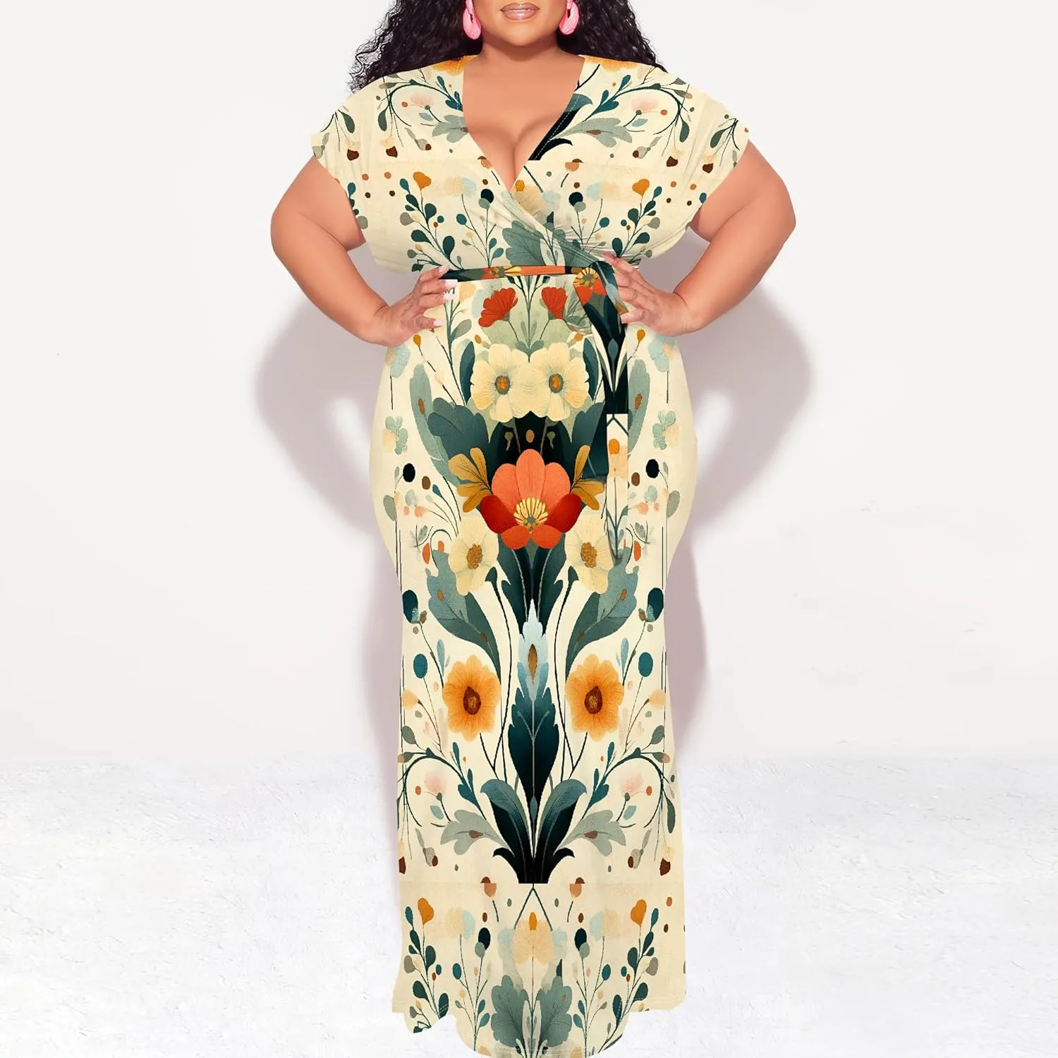 Women Casual Plus Size Sexy Bodycon Maxi Dress Elegant V Neck Short Sleeve Oversize Floral Print Mermaid Dresses Gown