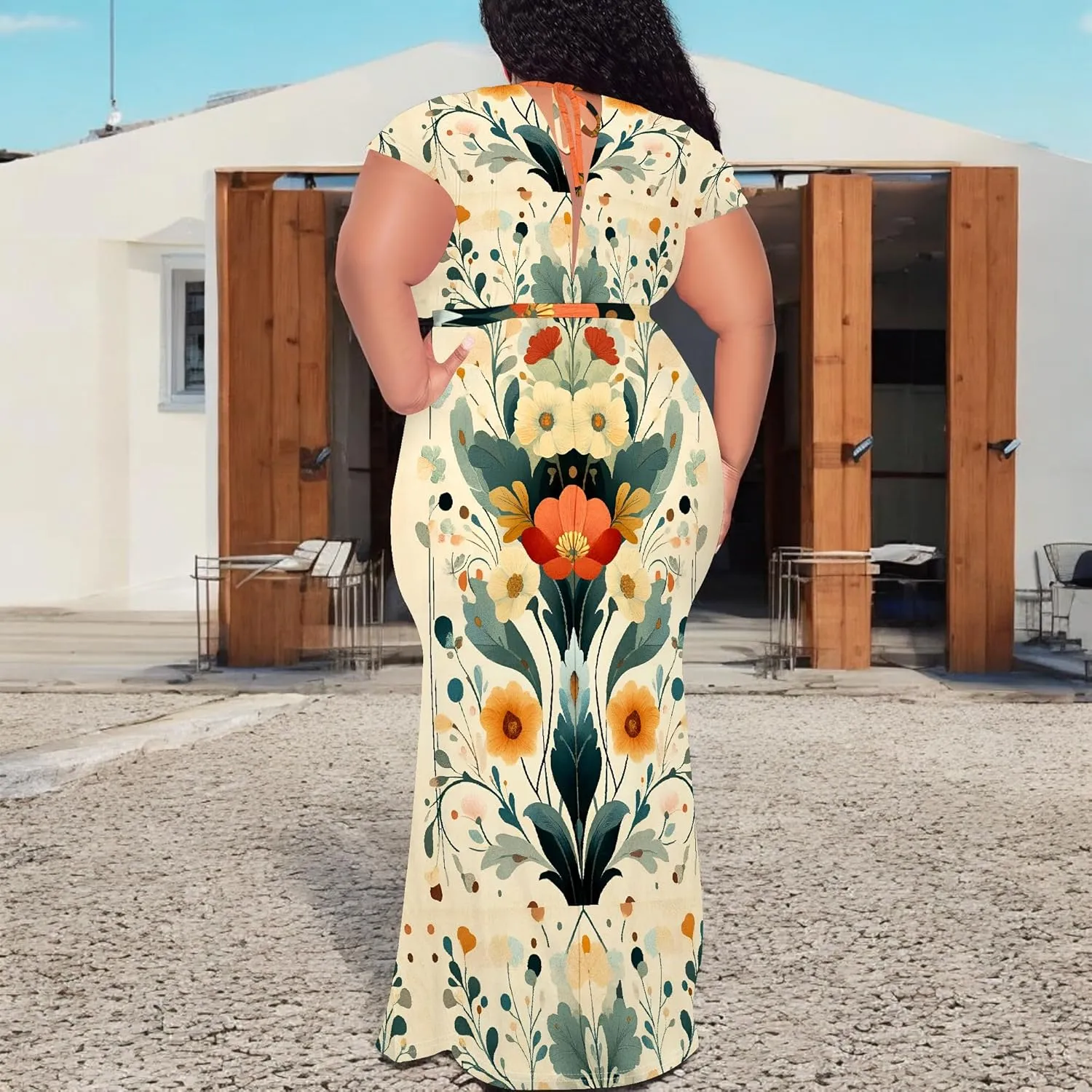 Women Casual Plus Size Sexy Bodycon Maxi Dress Elegant V Neck Short Sleeve Oversize Floral Print Mermaid Dresses Gown