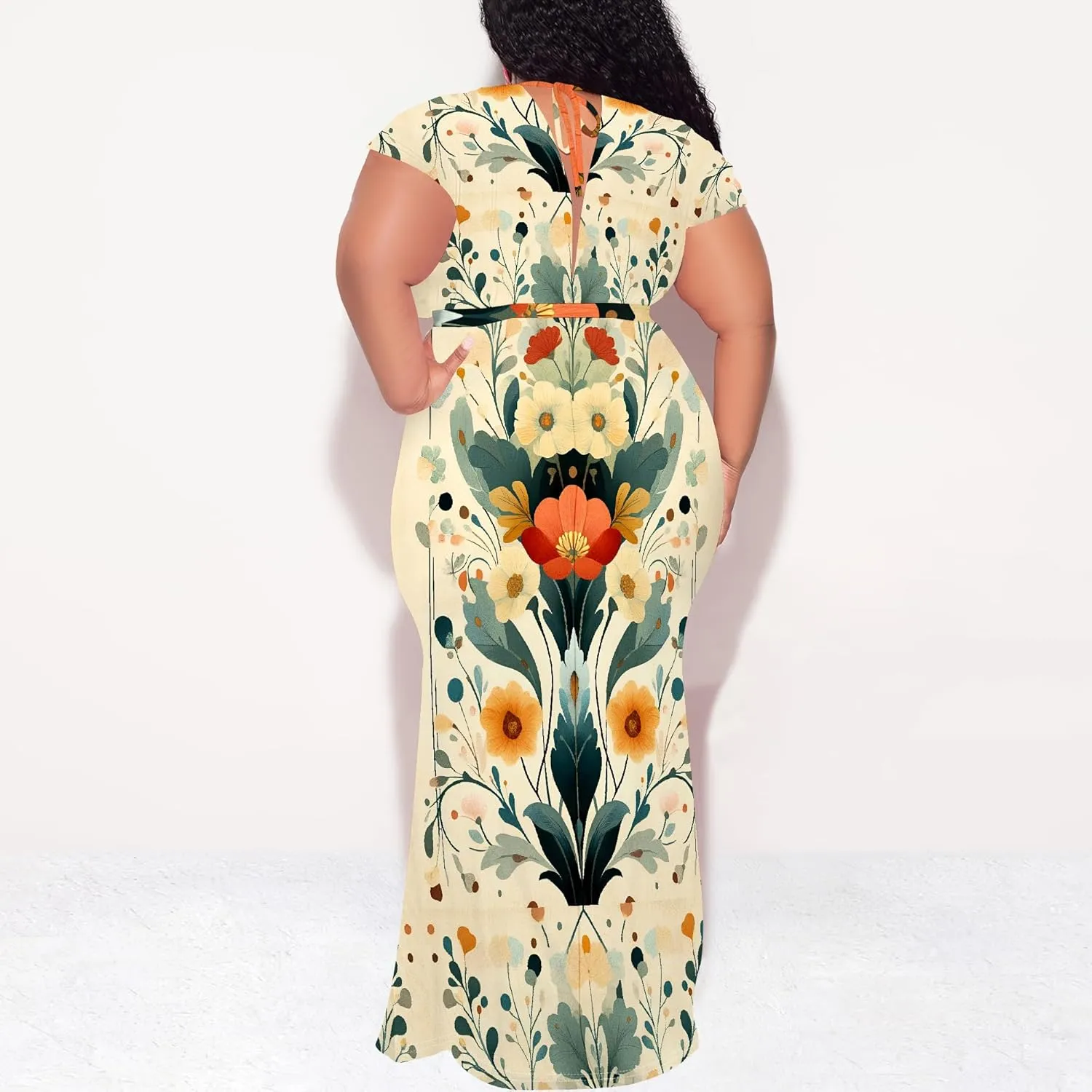 Women Casual Plus Size Sexy Bodycon Maxi Dress Elegant V Neck Short Sleeve Oversize Floral Print Mermaid Dresses Gown