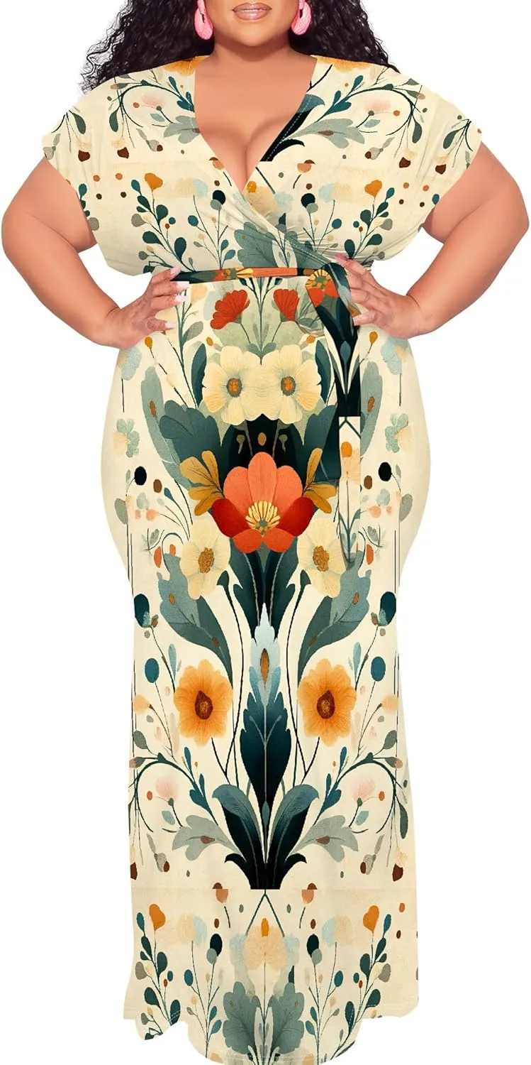 Women Casual Plus Size Sexy Bodycon Maxi Dress Elegant V Neck Short Sleeve Oversize Floral Print Mermaid Dresses Gown