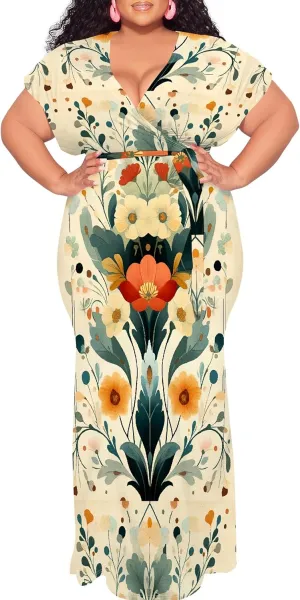 Women Casual Plus Size Sexy Bodycon Maxi Dress Elegant V Neck Short Sleeve Oversize Floral Print Mermaid Dresses Gown