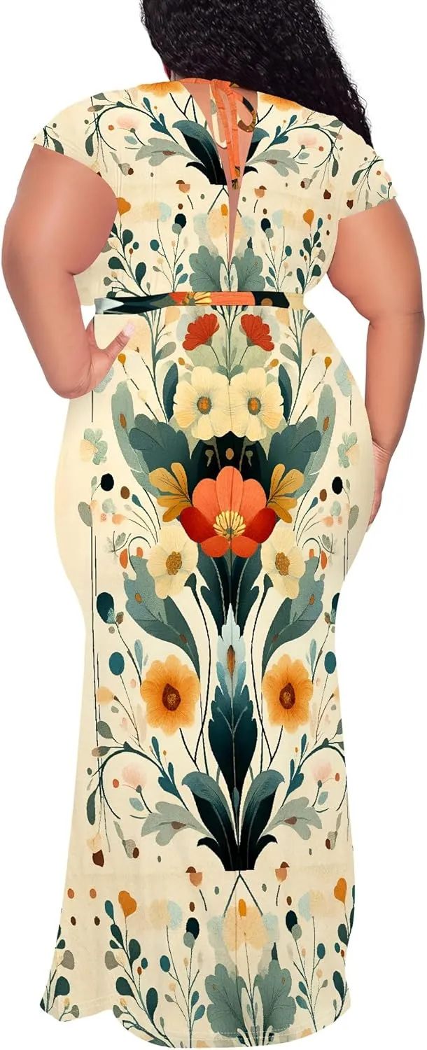 Women Casual Plus Size Sexy Bodycon Maxi Dress Elegant V Neck Short Sleeve Oversize Floral Print Mermaid Dresses Gown