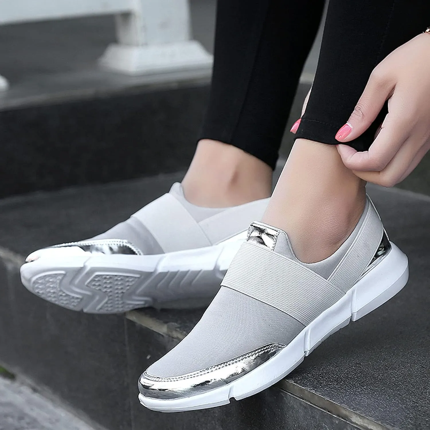 Women Casual Shoes Flats Lightweight Low Top Unlaced Mesh Fashion Sneakers Athletic Walking Shoes for Women Adult