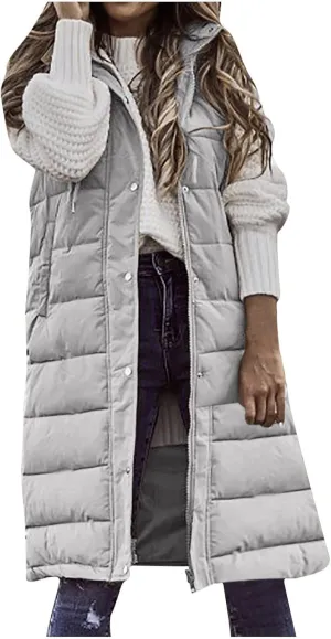 Women Long Puffer Vest Jacket Winter Coat Full Zipper Sleeveless Down Coats with Hooded Warm Thickened Windbreakers