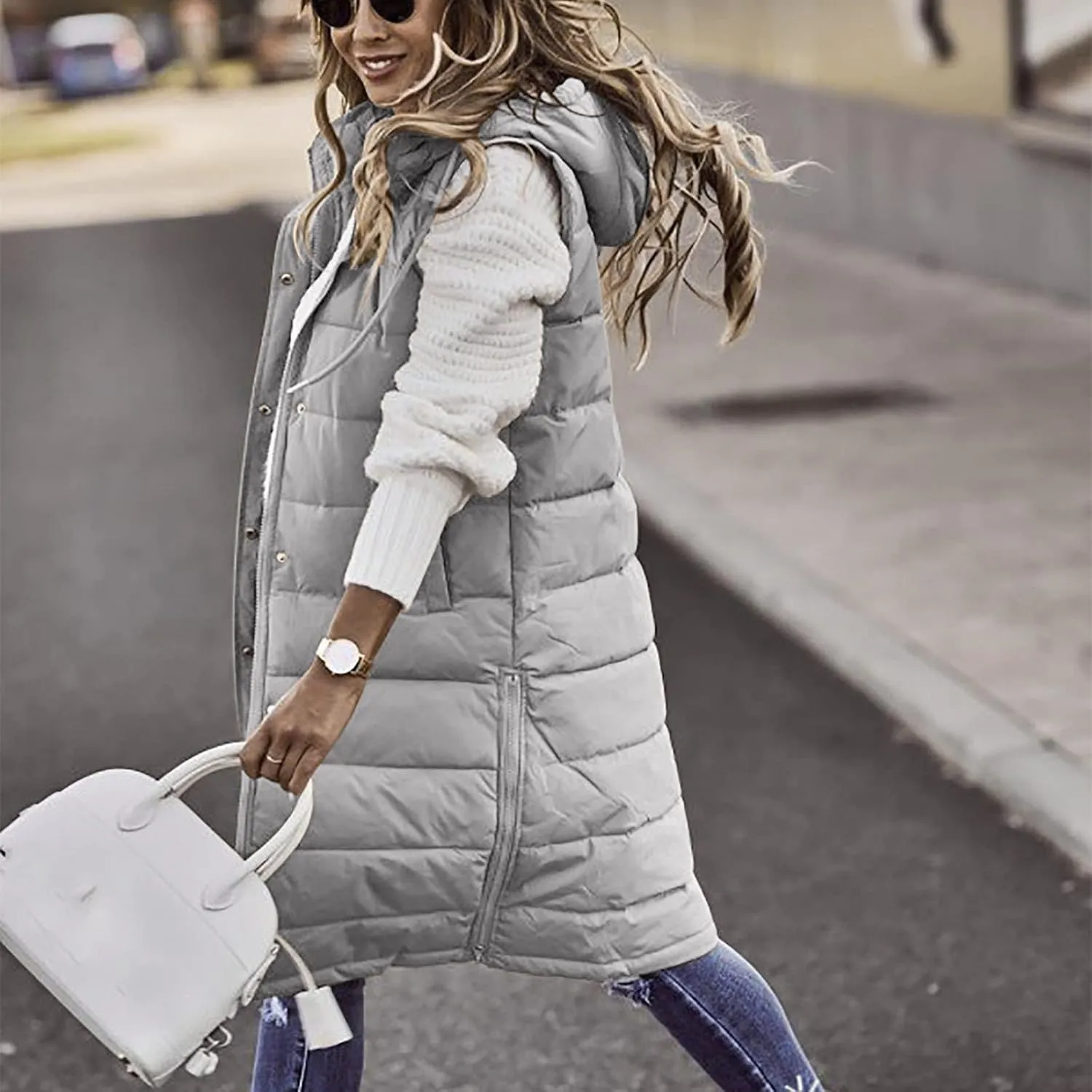 Women Long Puffer Vest Jacket Winter Coat Full Zipper Sleeveless Down Coats with Hooded Warm Thickened Windbreakers