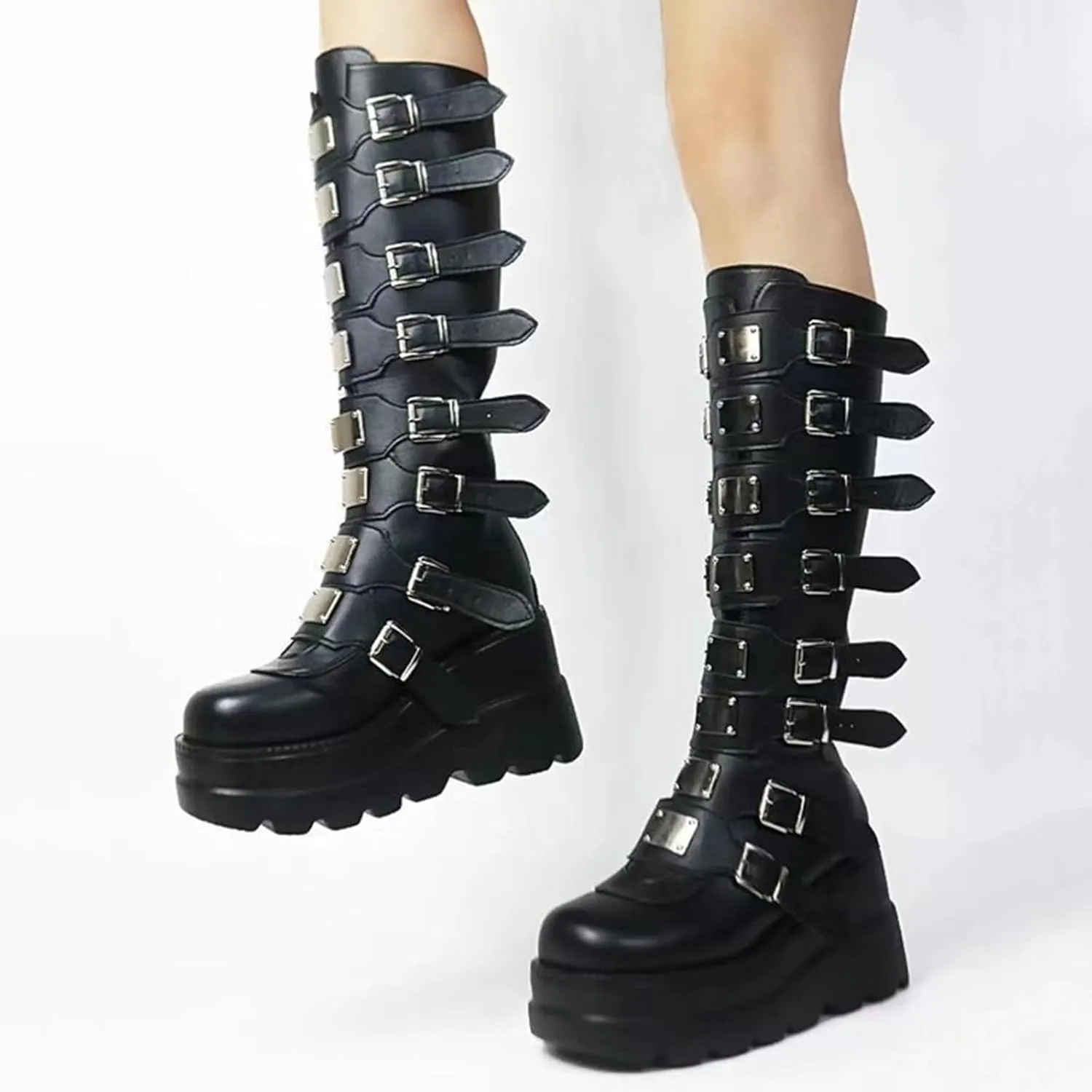 Women Platform Knee High Goth Boots Zip Round Toe Wedge Punk Mid Calf Boots Buckle Chunky High Heel Combat Boots
