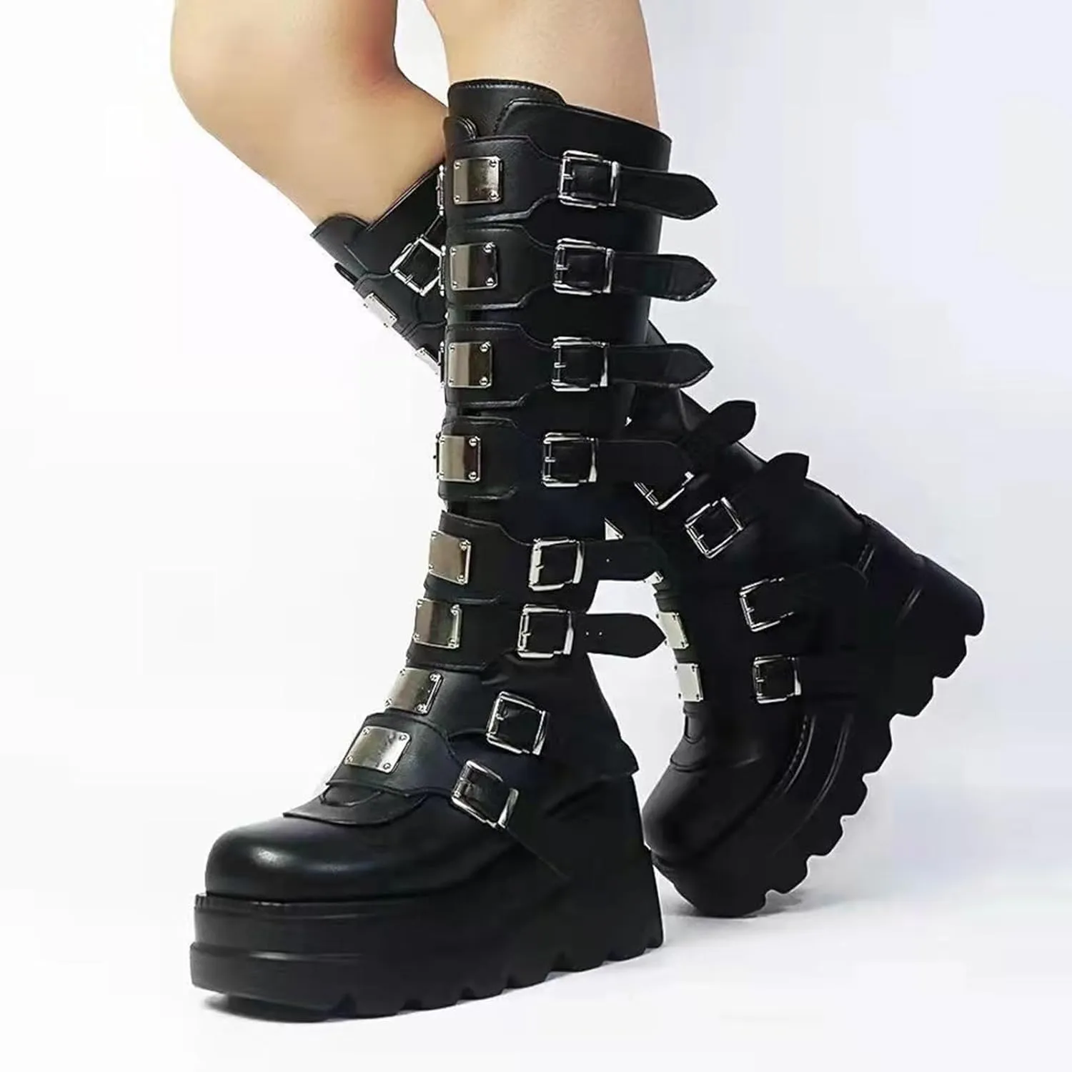 Women Platform Knee High Goth Boots Zip Round Toe Wedge Punk Mid Calf Boots Buckle Chunky High Heel Combat Boots