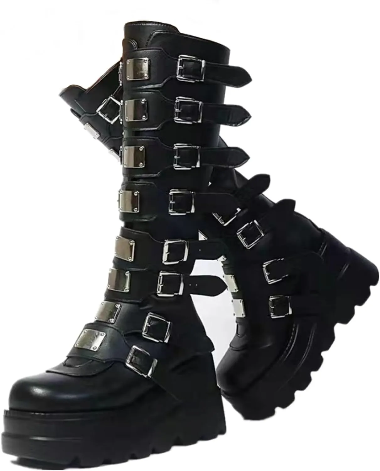 Women Platform Knee High Goth Boots Zip Round Toe Wedge Punk Mid Calf Boots Buckle Chunky High Heel Combat Boots