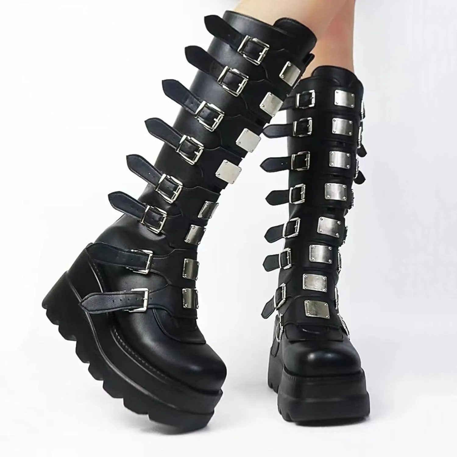 Women Platform Knee High Goth Boots Zip Round Toe Wedge Punk Mid Calf Boots Buckle Chunky High Heel Combat Boots