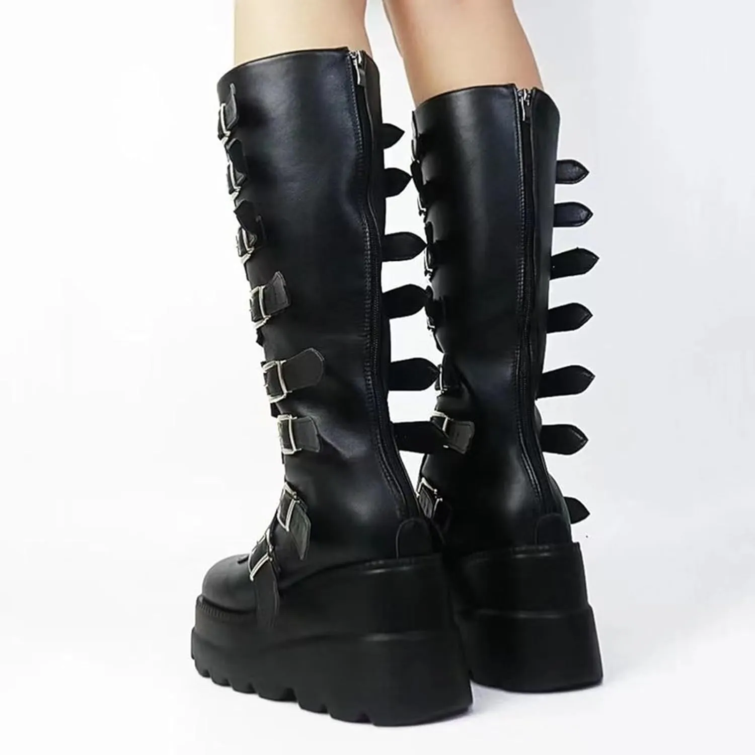 Women Platform Knee High Goth Boots Zip Round Toe Wedge Punk Mid Calf Boots Buckle Chunky High Heel Combat Boots