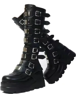 Women Platform Knee High Goth Boots Zip Round Toe Wedge Punk Mid Calf Boots Buckle Chunky High Heel Combat Boots