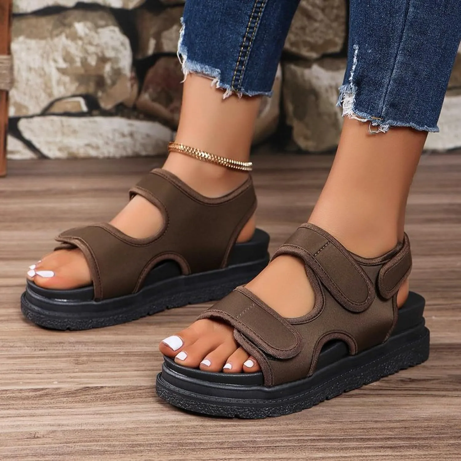 Women Sandals Fashionable New Pattern Simple Solid Color Thick Bottom Flat Bottom Sandals for Women Wide Width
