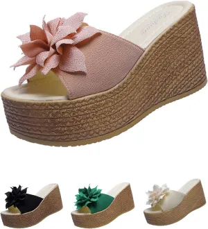 Women's 3D Flower Woven Platform Sandals Wedge Slides,Bohemia Casual Non-Slip Comfy Beach Fish Mouth Open Toes Sandals Dress Heels Slippers