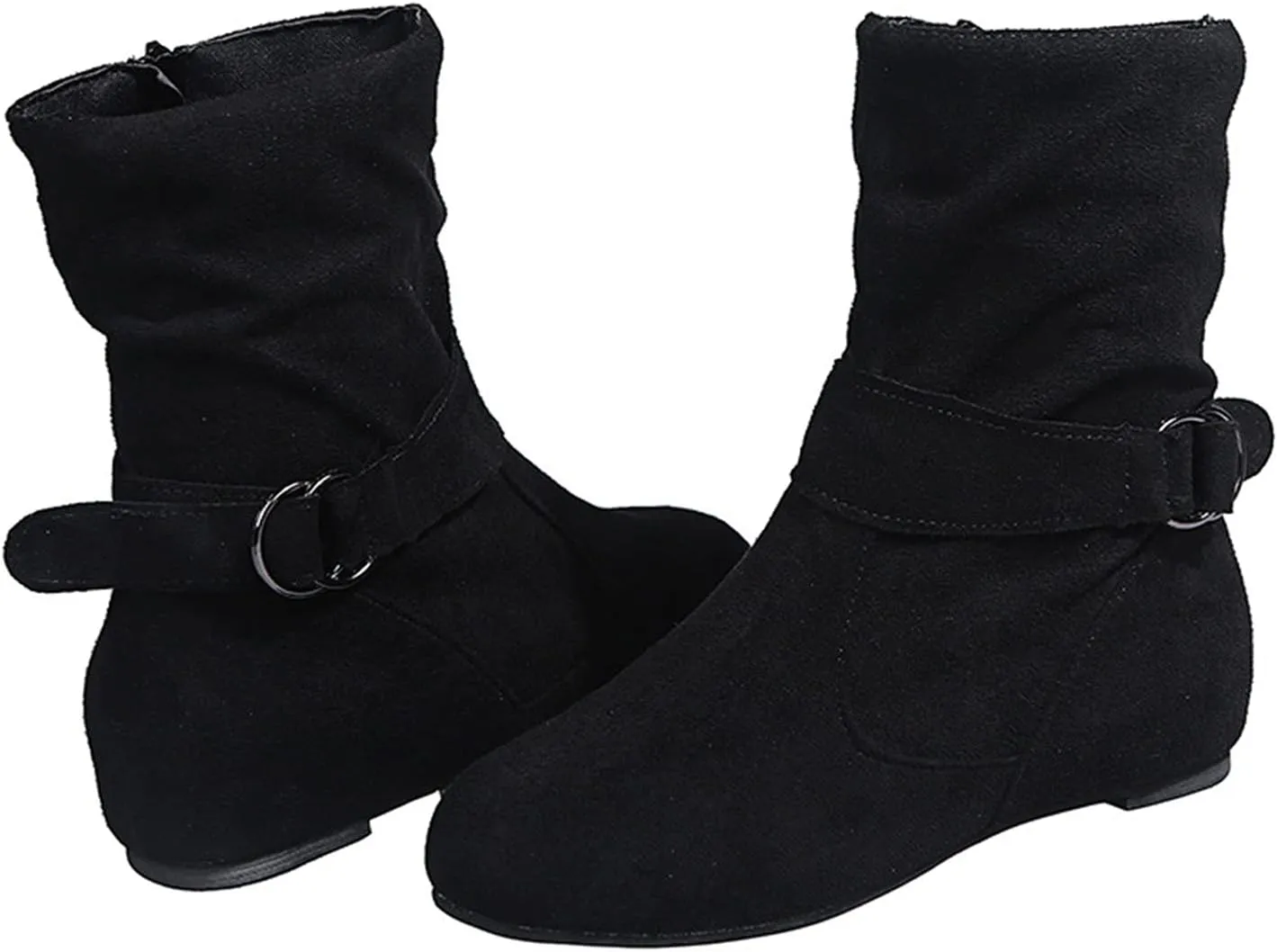 Women's Ankle Boots With Side Zipper Casual Winter Mid Calf Short Boots Slouchy Ruched Suede Flats Ankle Booties